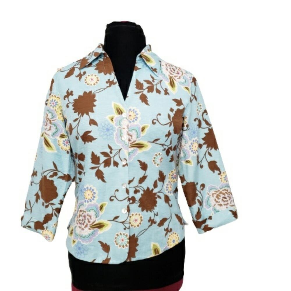 Silk Land 100% Silk Beaded Floral Cuff Sleeve Button Front Blouse Artsy